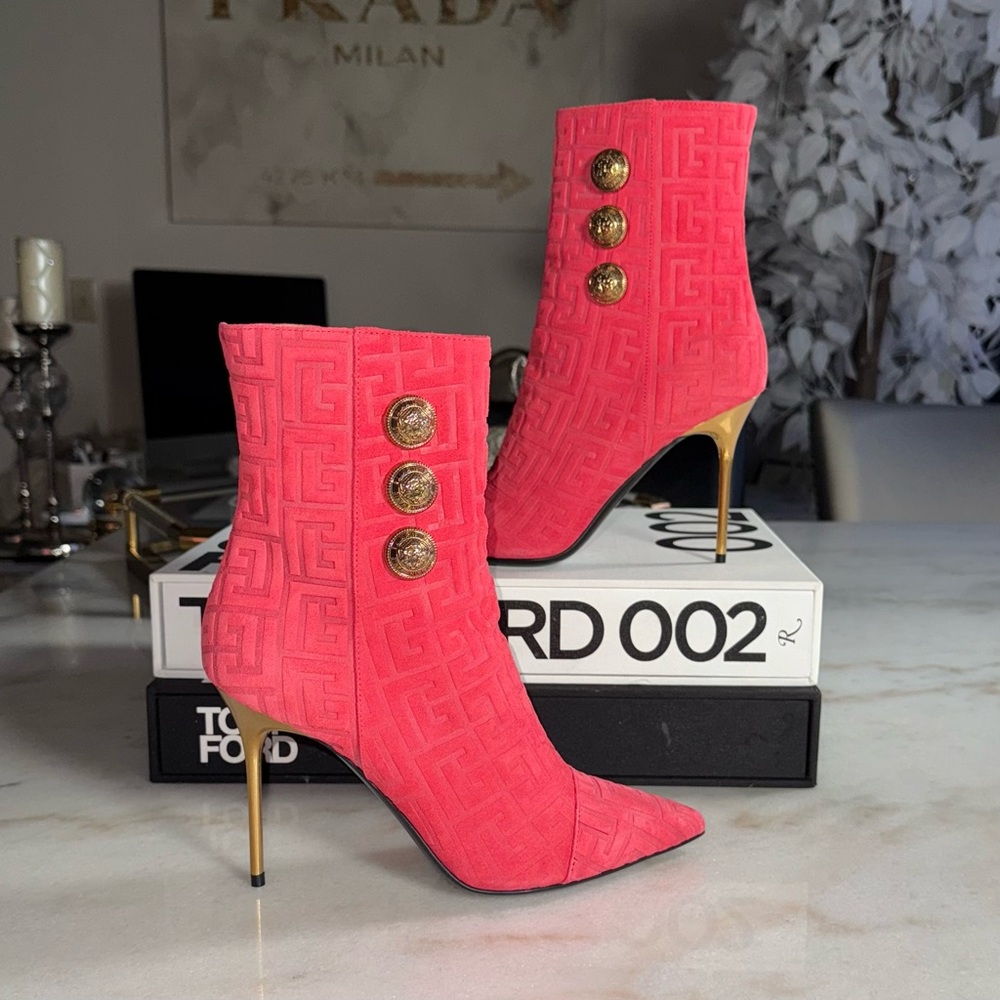 Balmain Roni Monogram Pink Calfskin Ankle Boots with Gold Medallion Buttons